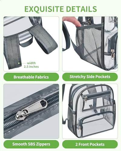 MAY TREE Clear Backpack Stadium Approved for Women and Men, Clear Bag for Stadium Events Concert Sporting Festival, Grey - color: Grey-1, style: 2 Front Pocket-1