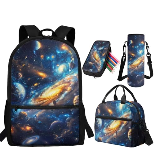 Galaxy Backpack for Boys Kids Backpacks with Lunch Box Pencil Case and Water Bottle Sleeve 4PCS Set Preschool Backpack for Boys 17 Inch Large Capacity School Bag with Front Pocket - color: Galaxy