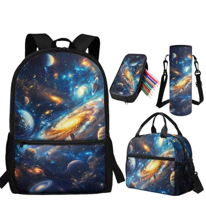 Galaxy Backpack for Boys Kids Backpacks with Lunch Box Pencil Case and Water Bottle Sleeve 4PCS Set Preschool Backpack for Boys 17 Inch Large Capacity School Bag with Front Pocket - color: Galaxy