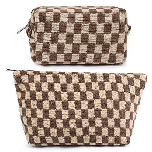 SOIDRAM 2 Pieces Makeup Bag Large Checkered Cosmetic Bag Capacity Canvas Mix Travel Toiletry Bag Organizer Cute Makeup Brushes Aesthetic Accessories Storage Bag for Women, Checkered Mix Brown - color: Brown