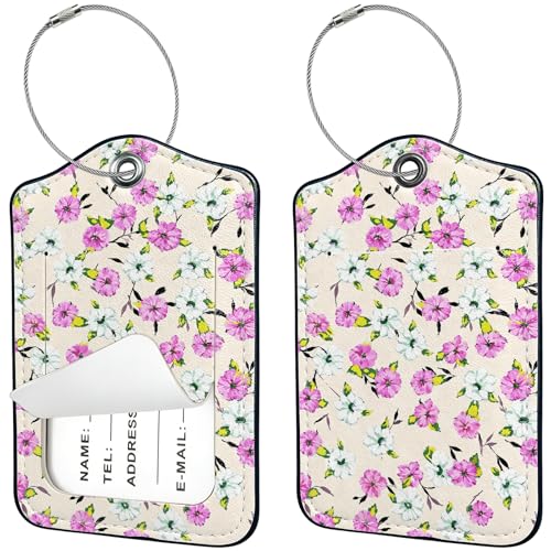 2 PCS Luggage Tags for Suitcases,Cute Pink White Flowers PU Leather Name Tag with Privacy Cover&ID Label Address Card and Durable Metal Ring Suitable for Men Women Travel Bag - color: Pink White Flowers