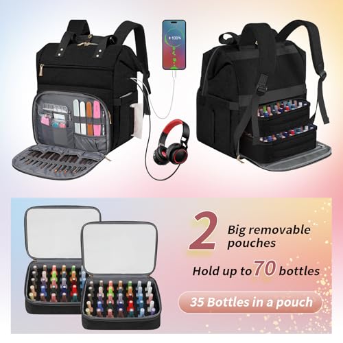 LTINVECK Nail Polish Organizer Case Backpack Holds 70 Bottles (15ml/0.5fl.oz)& Nail Lamp, 2 Layers Detachable Nail Kit Storage Case, Large Travel Nail Supplies Shoulder Bag for Manicure Tools (black) - color: Black