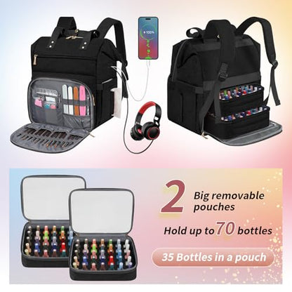 LTINVECK Nail Polish Organizer Case Backpack Holds 70 Bottles (15ml/0.5fl.oz)& Nail Lamp, 2 Layers Detachable Nail Kit Storage Case, Large Travel Nail Supplies Shoulder Bag for Manicure Tools (black) - color: Black