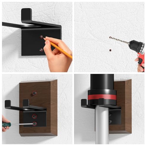 Barbell Wall Mount, Olympic Barbell Holder for Garage Gym, Vertical Bar Rack with Wooden Spacer Pad - Black Powder Coated Iron & Rubber Wood Base, Anti-Scratch Wall Protection & Extra Stability on Uneven Walls - Space Saving Home Gym Accessory, Barbell St