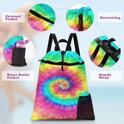 Tie Dye Drawstring Backpack, 15” x 17” Waterproof Swim Bag for Beach Swimming Pool, Lightweight Foldable Gym Bag with Water Bottle Holder for Sports Travel - color: Tie Dye