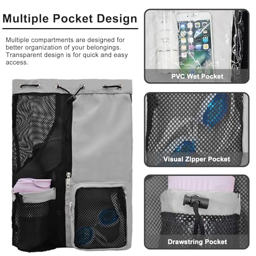Mesh Beach Backpack with Wet Pocket Drawstring Pool Bag Waterproof Swimming Bag Gym Backpack for Men & Women - color: Grey