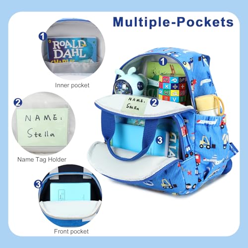 Bluboon Toddler Backpack for Girls Boys 2-4 Cute 12" Preschool Kindergarten Backpacks Kids Daycare Bags School Travel (Engineering vehicle - sky blue, Age 2-4 (12" H not Fit A4 Folder)) - color: Engineering Vehicle - Sky Blue, size: Age 2-4 (12" H not Fit