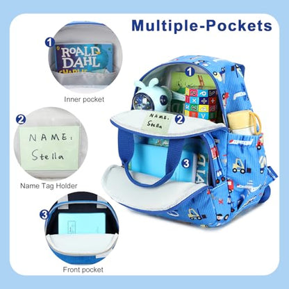 Bluboon Toddler Backpack for Girls Boys 2-4 Cute 12" Preschool Kindergarten Backpacks Kids Daycare Bags School Travel (Engineering vehicle - sky blue, Age 2-4 (12" H not Fit A4 Folder)) - color: Engineering Vehicle - Sky Blue, size: Age 2-4 (12" H not Fit