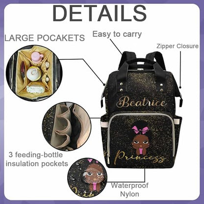 Custom Black Diaper Bag Backpack with Golden Glitter Personalized African Princess Nappy Bag Casual Travel Daypack Customized Newborn Gift for Women - color: 230112-7