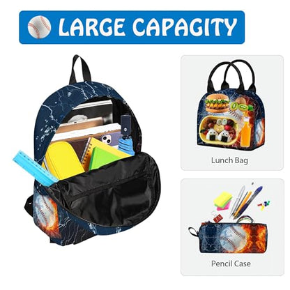3PCS Backpack for Boys Girls, Kids Baseball Back to School Backpack Sets with Lunch Bag Pencil Case, 17 Inch Lightweight Bookpack 3 in 1 Set for Teens Elementary Middle High School Students - color: Water Fire Baseball