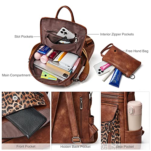 Shrrie Backpack Purse for Women Fashion Leather Backpack Purse Designer Travel Backpack Convertible Shoulder Bag with Wristlet - color: 1-9 Brown With Leopard