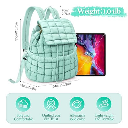 Quilted Puffer Backpack for Women Lightweight Soft Puffy Backpack Purse Casual Daily Drawstring Flap Daypack (Pine Green) - color: Pine Green