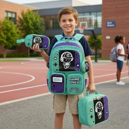 Boys Backpack, Luminous Gamer Backpack for Boys with Lunch Box,Pencil Case and Coin Puese,Kids Schoolbag Bookbag for Teen Boy Elementary Middle High School Travel(Green-Purple) - color: Green-purple