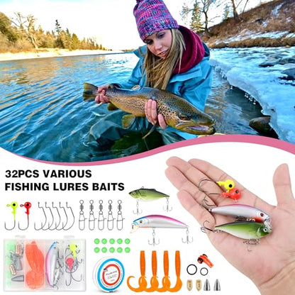 Fishing Rod and Reel Combos, Fishing Gear Gifts for Women with Spinning Reel, Lures, Line, Pink Ladies Telescopic Pole Kit Designed for Girls Adults by PLUSINNO - size: 5.91 ft - Complete Kit