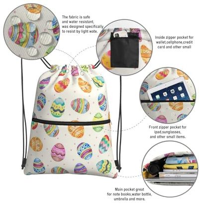 Easter Eggs Drawstring Bag, Waterproof Drawstring Bckpack for Gym Sports Easter Party Gift, Women Men Sackpack Bag with Front Zipper Pocket and Inside Zipper Pocket - color: Easter Eggs