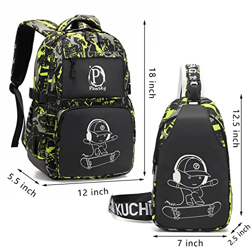 Kids Backpack for School, Boys Backpacks with USB Charging Port, College Elementary School Bookbag Lightweight Laptop Bag with Sling Bag, Green - style: Skateboard-green