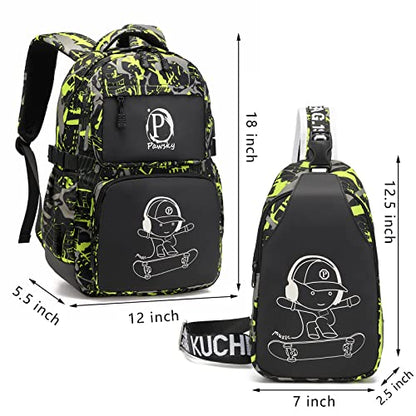 Kids Backpack for School, Boys Backpacks with USB Charging Port, College Elementary School Bookbag Lightweight Laptop Bag with Sling Bag, Green - style: Skateboard-green