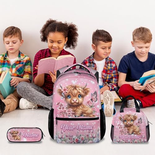 Mercuryelf Personalized Backpack for Girls Highland Cow 3PCS Kids Backpack Set with Lunch Bag & Pencil Case, 17 Inch School Bookbag for Elementary Kindergarten - color: Red