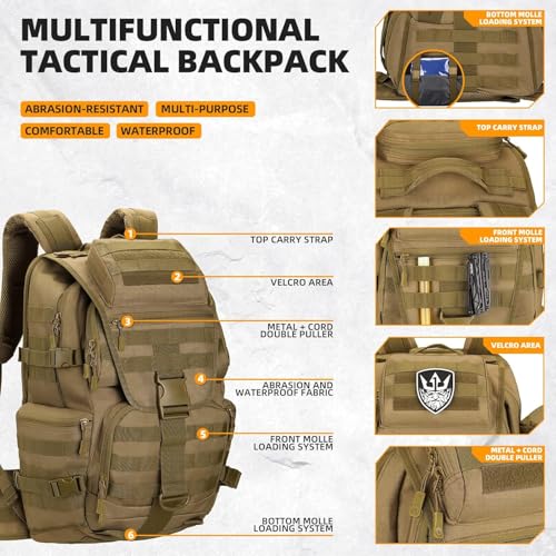 50L Military Tactical Backpack 3 Day Assault Pack Molle Daypack Hiking Backpack for Men and Women - color: Khaki 1