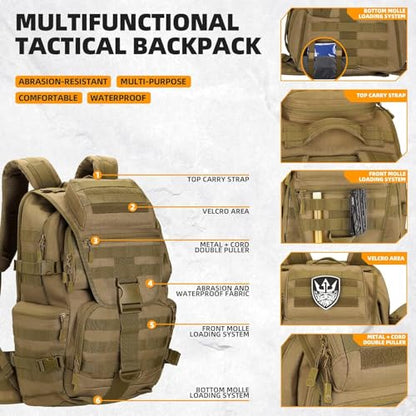 50L Military Tactical Backpack 3 Day Assault Pack Molle Daypack Hiking Backpack for Men and Women - color: Khaki 1