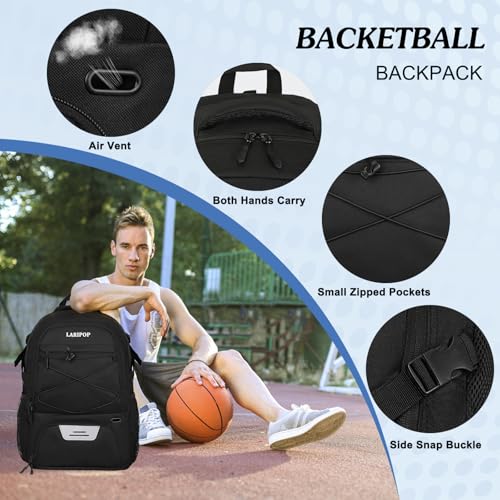LARIPOP Basketball Backpack Large Basketball Bag with Ball Holder & Shoe Compartment for Adults Men Women - color: Black