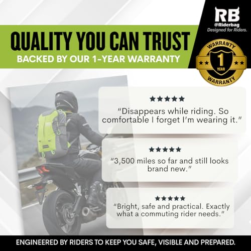 riderbag Reflective Motorcycle Backpack, Hi Viz Commuter Riding Bag | Designed by Riders for Everyday Rides with Laptop Compartment and Helmet Net. Built to Help You Be Seen. - color: Green