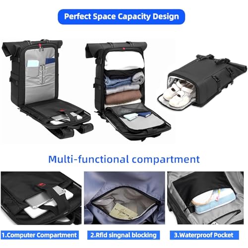 Travel Roll Top Backpack with Shoe Compartment, 17 inch Laptop Compatible, for Business, Hiking, Mountaineering, Large Capacity - color: Black Upgraded Version