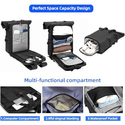 Travel Roll Top Backpack with Shoe Compartment, 17 inch Laptop Compatible, for Business, Hiking, Mountaineering, Large Capacity - color: Black Upgraded Version