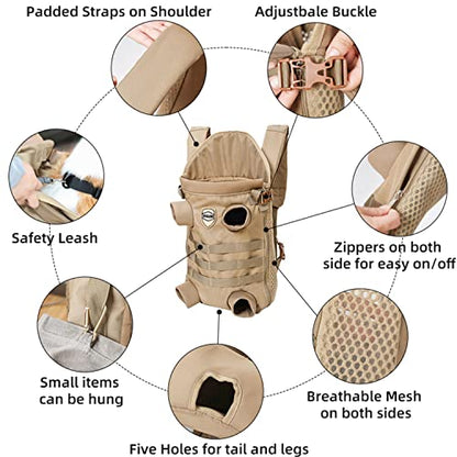 FLAdorepet Dog Carrier Tactical Backpack for Medium Large Dogs,Soft Hands-Free Legs Out Pet Front Cat Dog Carrier Backpack Travel Bag for Outdoor Traveling Hiking Camping (Medium, Khaki) - size: 21.7"L x 7.5"W x 13.0"H