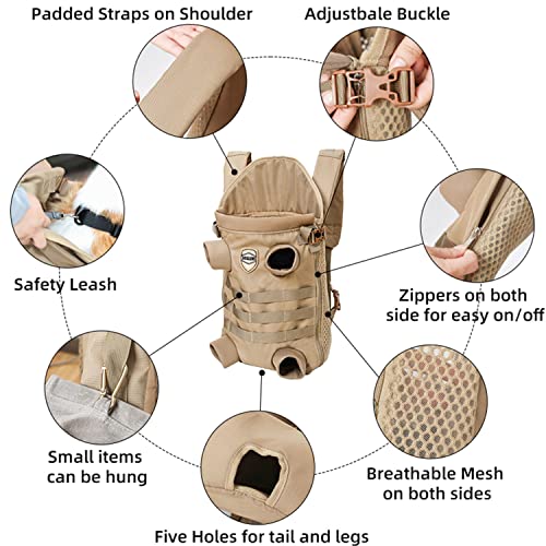 FLAdorepet Dog Carrier Tactical Backpack for Small Medium Dogs,Soft Hands-Free Legs Out Pet Front Cat Dog Carrier Backpack Travel Bag for Outdoor Traveling Hiking Camping (Large, Khaki) - size: Large(Pet 30-45LBS)
