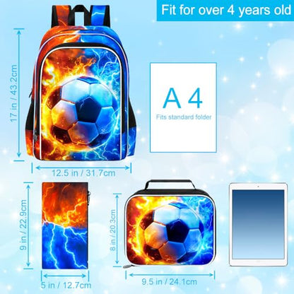 AGSDON 3PCS Soccer Backpack for Boys, 17" Kids Bookbag with Lunch Box for Boy, Flame Thunder Backpacks Water Resistant and Lightweight for Teen - color: Soccer