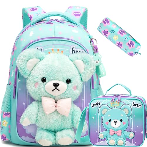 Meetbelify Kids School Backpacks for Girls Boys Backpack with Lunch Bag for Elmentary Students - color: 01 Bear Green