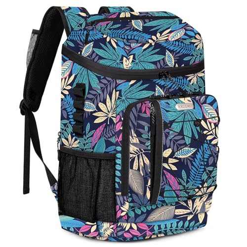 HXLGMD Backpack Coolers Insulated Leak Proof 30 Cans, Soft Sided Insulated Cooler Bags Ice Chest Backpack for Beach Travel Camping, with Reusable Ice Packs - color: Tropical Leaves