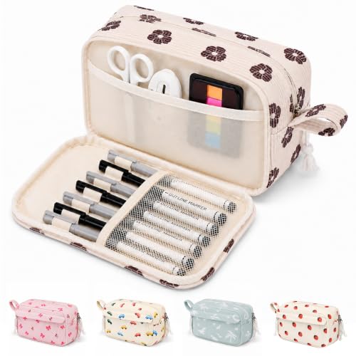 Big Capacity Pencil case,Soft Corduroy Pencil Bag with 3 Compartment,Pencil Pouch School Supplies Cute Pencil Box Pencil Bag for Teen Girls Boys College (Brown Floral) - color: Brown Floral