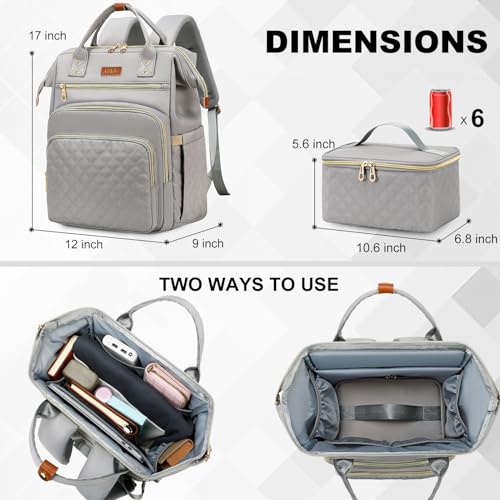 AIJIEKE Lunch Backpack for Women, 15.6 Inch Laptop Backpack with Detachable Insulated Cooler Lunch Box, 2-in-1 Water Resistant Work Computer Bag for Nurse Teacher College Commute, Grey - color: Grey