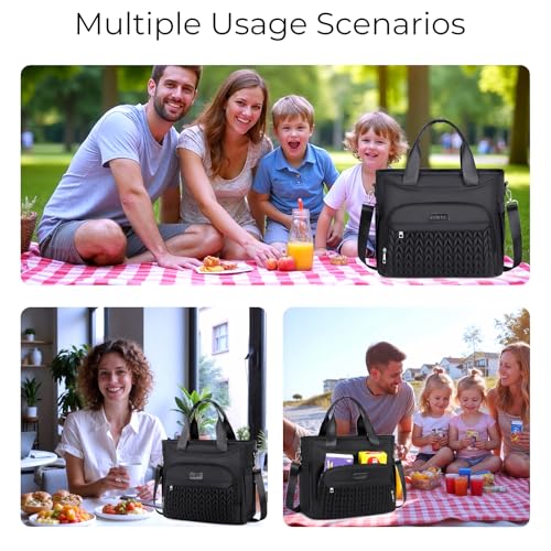 AIJIEKE Large Insulated Lunch Bag for Men Women, Leakproof Work Lunch Box | Keeps food fresh 8-12 hours. Spacious multi-pocket design with a removable strap. Water-resistant and easy-wipe interior - color: A.Black