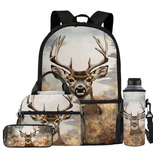 Deer Backpack for Boys School Backpack with Lunch Box Water Bottle Carrier and Pencil Case 4PCS Set Elementary School Backpacks for Boys Kids Bookbag with Adjustable Straps - color: Deer