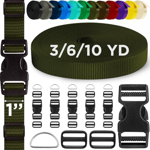 TECEUM Buckles & Strap Kit – 1" Khaki Nylon Webbing 6 (yd) – 6 Heavy Duty Adjustable Plastic Buckles – 12 Tri-Glide Slide Clips – 6 Metal D-Ring – Ideal Straps for Arts Crafts Outdoors Indoors DIY - color: Khaki, size: 1" - 6 yards, style: 6 Buckle - 12 S