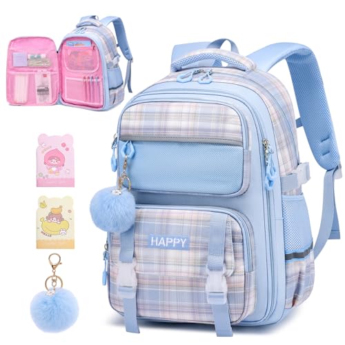 KEBEIXUAN Kids Backpack for Girls - Cute Plaid Bookbag for Elementary Student, Lightweight and Spacious School Bag (Blue) - color: Plaid Blue