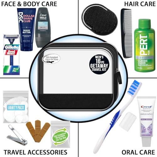 Convenience Kits International Men's 16-Piece Travel Skin Care and Body Care Kit with Shampoo, Body Wash, Lotion, Deodorant in Reusable Toiletry Bag, 40 Count Bulk Case - size: 40 Kits