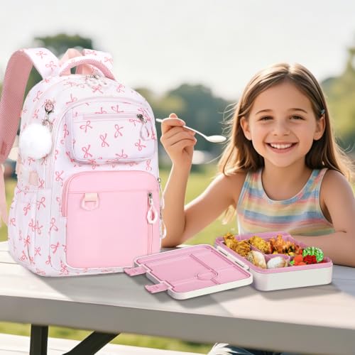 Bevalsa Backpack for Girls, Bow School Bookbag Teen Girls Backpack Set with Bento Lunch Box, Insulated Bag & Pencial Case, 43oz Lunch Containers for Kids Elementary Middle Student (Pink Bow) - color: Pink Bow