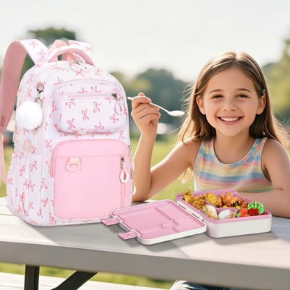 Bevalsa Backpack for Girls, Bow School Bookbag Teen Girls Backpack Set with Bento Lunch Box, Insulated Bag & Pencial Case, 43oz Lunch Containers for Kids Elementary Middle Student (Pink Bow) - color: Pink Bow