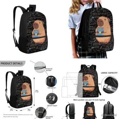 Capybara Backpack for Girls Back to School Backpack with Lunch Box Pencil Case and Water Bottle Holder 4PCS Set Girls Backpacks Ages 8-10 Large Capacity School Supplies - color: Capybara