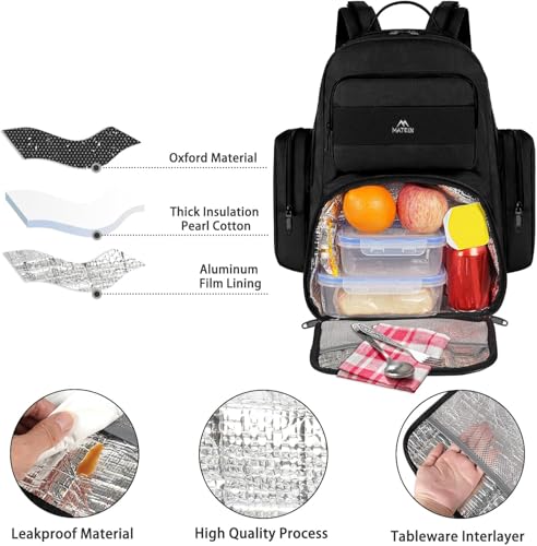 MATEIN Lunch Backpack for Men Work, 15.6 Inch Tactical Backpack with Lunch Compartment, Large Laptop Backpacks with Insulated Cooler Bag for Travel Beach Camping Picnic Hiking, Black - color: Black