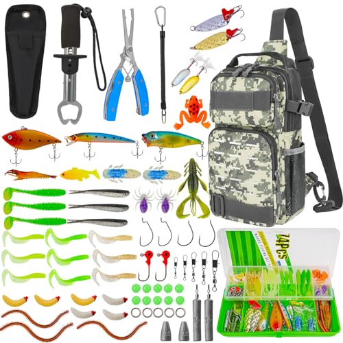 THKFISH 79 Pcs Fishing Tool Kit, Fishing Backpack with Tackle Boxes Fishing Pliers Kit Fishing Bait Lure Gear Kit Include Fish Hook Remover, Fishing Lures, Lip Gripper