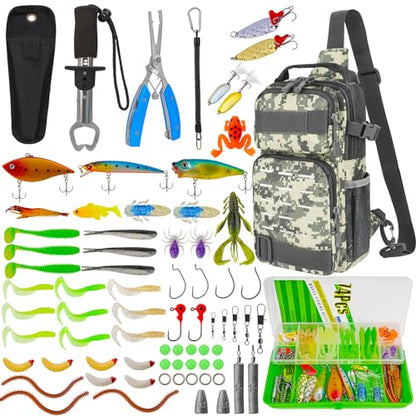 THKFISH 79 Pcs Fishing Tool Kit, Fishing Backpack with Tackle Boxes Fishing Pliers Kit Fishing Bait Lure Gear Kit Include Fish Hook Remover, Fishing Lures, Lip Gripper