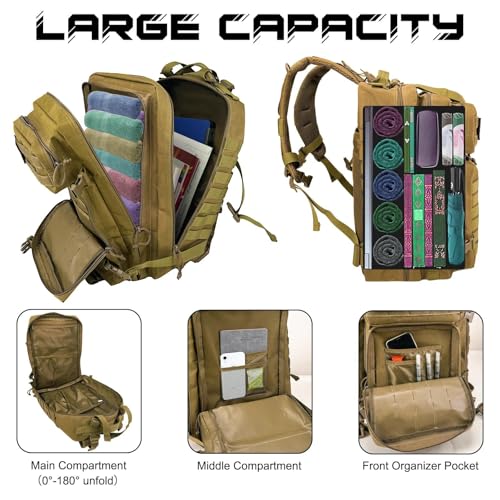 WOLT Military Tactical Backpack for Men 45L Molle Backpack 3 Day Assault Pack Bug Out Bag, Heavy Duty Rucksack for Hiking Gym(Khaki) - color: Khaki
