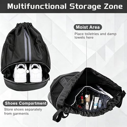 2-Pack Drawstring Backpack Bags with Shoe Compartment, Large Capacity Basketball Bag, Water-Resistant, Lightweight, for Soccer, Basketball, Sports, Swimming, Beach, Soccer Bag for Men