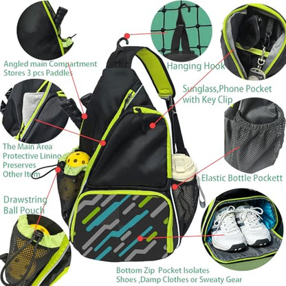 Pickleball Sling Bag with Shoe Compartment - Crossbody Backpack Fits 2 Paddles, 32oz Bottle & Fence Hook, Sports Bag for Men & Women (Shoe Limit: up to US Men's 10 / Women's 11.5) - color: Black/Neon Green
