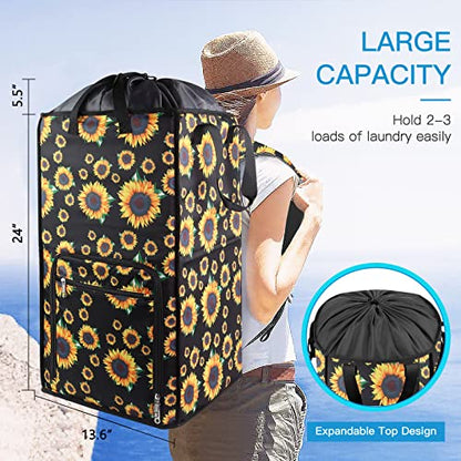Bukere Laundry Hamper, Extra Large 2 in 1 Laundry Backpack Bag for College Students Dorm Essentials, Adjustable Shoulder Straps, Freestanding Laundry Basket for Apartment, Laundromat, Travel - color: SUNFLOWER